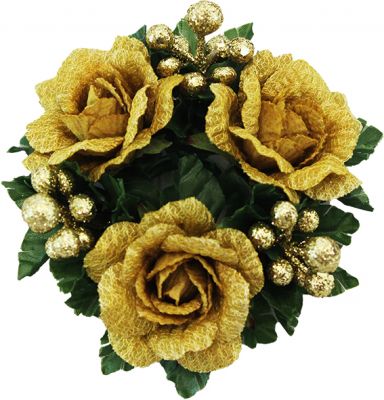 Girocandela porta candela 3 rose in oro con bacche e foglie 14 cm 