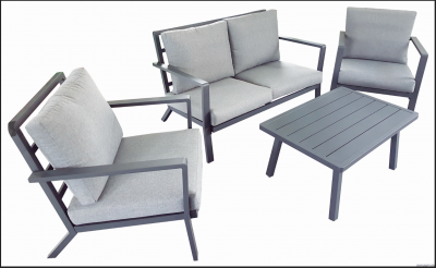 Set salotto in alluminio grigio scuro resistente Corinth arredo giardino con sedia divano e tavolo da caffè da esterno