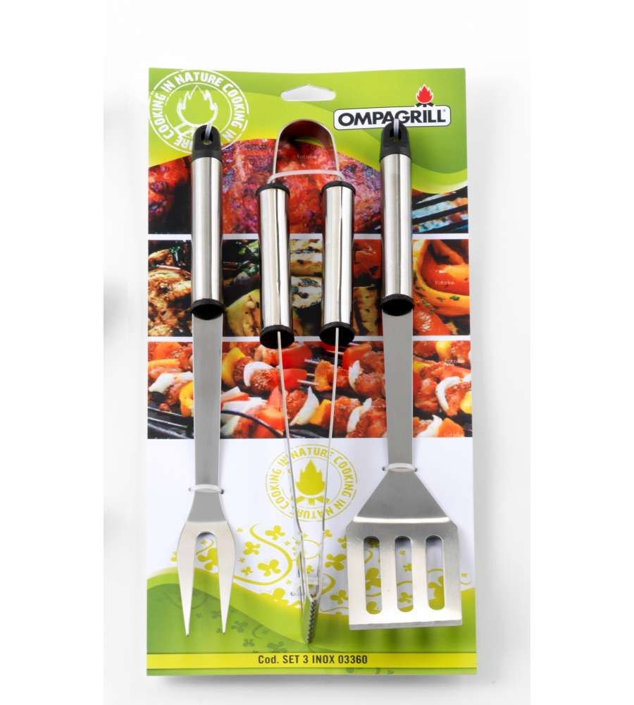 Set Barbecue 3pz Kit per Bbq Accessori Paletta Forchettone Pinza acciaio  inox